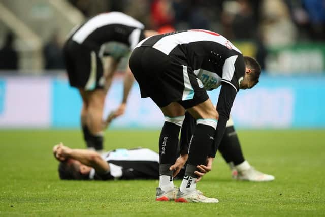 Javier Manquillo of Newcastle United reacts at full time during the Premier League match between Newcastle United  and  Norwich City at St. James Park on November 30, 2021 in Newcastle upon Tyne, England. (Photo by Ian MacNicol/Getty Images)