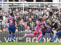 Newcastle player Joe Willock heads in to score past Vicente Guaita but the goal is disallowed after a VAR review  during the Premier League match between Newcastle United and Crystal Palace at St. James Park on September 03, 2022 in Newcastle upon Tyne, England. (Photo by Stu Forster/Getty Images)