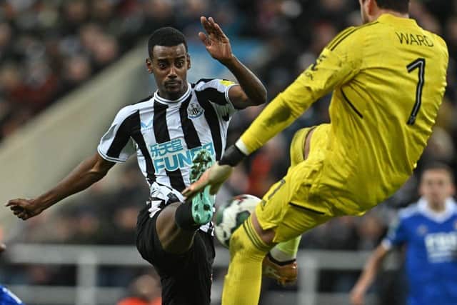 Newcastle United striker Alexander Isak in action against Leicester City.