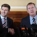 GLASGOW, SCOTLAND - MAY 04:  Steven Gerrard shakes hands with Dave King as he is unveiled as the new manager of Rangers football Club at Ibrox Stadium on May 4, 2018 in Glasgow, Scotland. (Photo by Ian MacNicol/Getty Images)