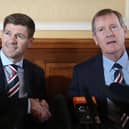 GLASGOW, SCOTLAND - MAY 04:  Steven Gerrard shakes hands with Dave King as he is unveiled as the new manager of Rangers football Club at Ibrox Stadium on May 4, 2018 in Glasgow, Scotland. (Photo by Ian MacNicol/Getty Images)