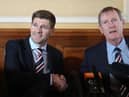 GLASGOW, SCOTLAND - MAY 04:  Steven Gerrard shakes hands with Dave King as he is unveiled as the new manager of Rangers football Club at Ibrox Stadium on May 4, 2018 in Glasgow, Scotland. (Photo by Ian MacNicol/Getty Images)