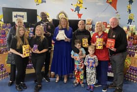 Vive Watts, of Hope 4 Kidz, and Sunderland AFC legends Gary Bennett and Micky Horswill delivering Easter eggs to youngsters at Sunderland Royal Hospital.