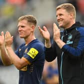 Newcastle head coach Eddie Howe and Matt Ritchie applaud fans after a pre-season game against Athletic Bilbao in July.