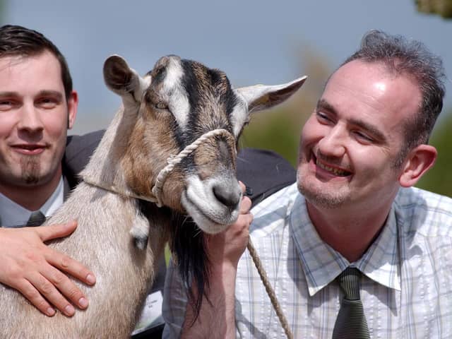 Teachers Sean Condon and Chris Crozier from St Joseph's RC School Hebburn show off their beards on a visit to Bill Quay Farm in 2004.
