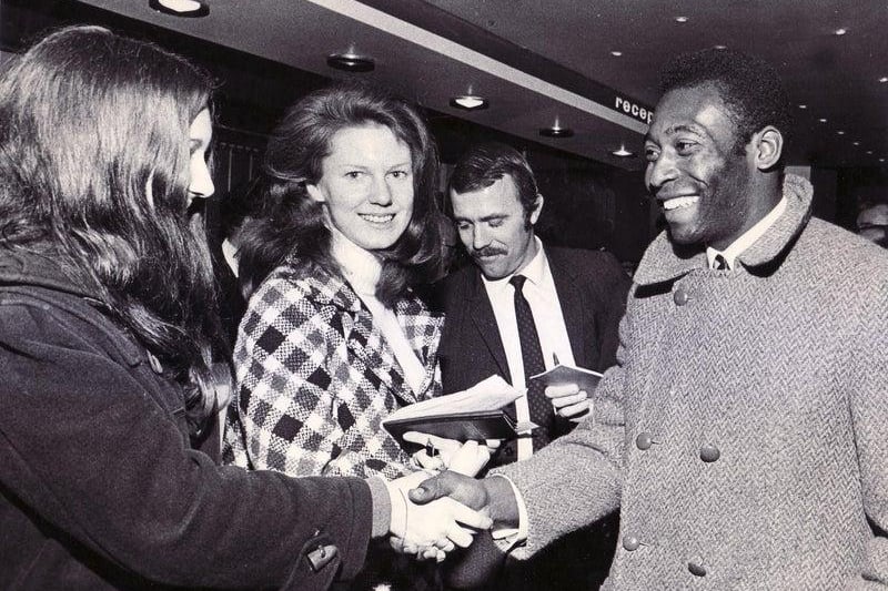 Pele, member of the Brazilian Santos team, arrived over two hours late at his hotel for the night at the Hallam Tower Hotel, Sheffield. There was a large reception waiting for the visitors at the Omega Restaurant, but they had to wait further while Pele, complete with large grin, served out signatures to the many fans waiting at the Hallam Tower - February 1972