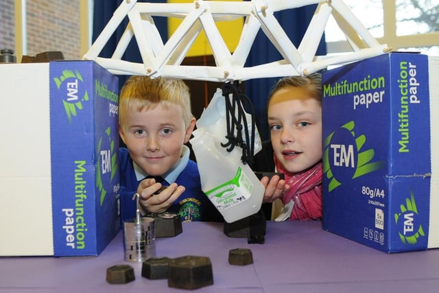 Scott Carlisle and Chloe Screaton built a bridge as part of Science and Recycling Week at Simonside Primary School in 2009.