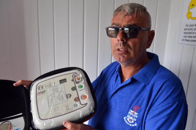 The Red Hackle pub owner Lee Hughes with the AEDs public access defibrillators.
