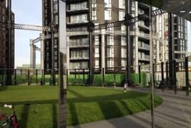 Redeveloped gas holders in London. Picture by Jean Stokes.