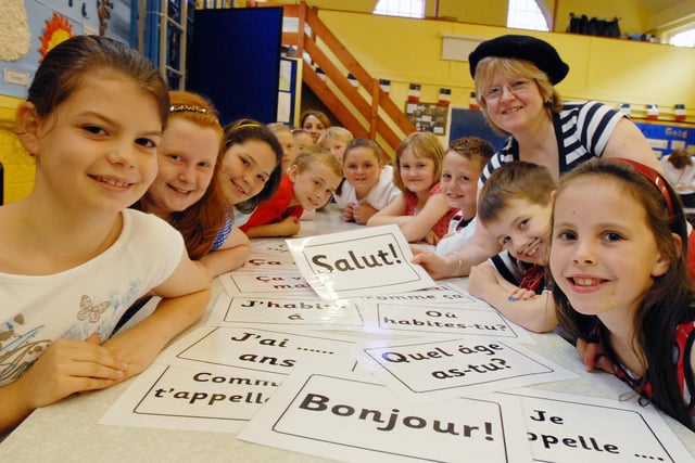 Plenty of smiles at this 2007 French lesson at Hedworth Lane Primary School. It was held on a French themed day.