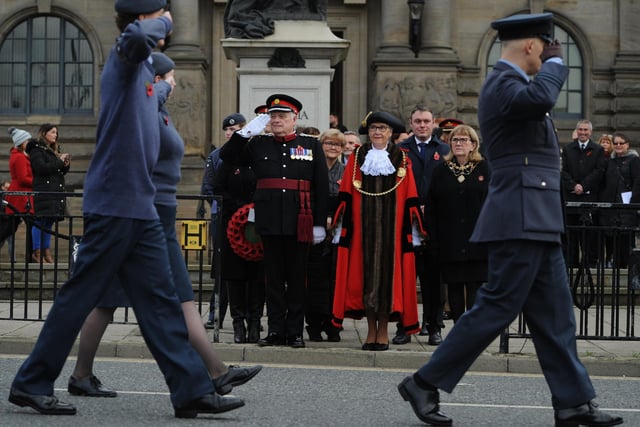 Remembrance Sunday Parade and Service at Westoe Cenotaph, South Shields, with the Mayor of South Tyneside Coun Pat Hay, Deputy Lord Lieutenant Tyne and Wear Wing Commander David L Harris.