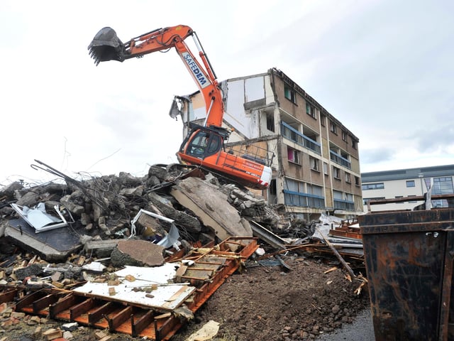 Demolition of old flats at West Pilton Crescent, Muirhouse, in 2010.