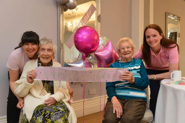 Happy at Home party for Jean Macdonald with carer Claire Adamson and Lily Miller with organiser Mim Reay (R) celebrating their 100th birthdays at The Sea Hotel.