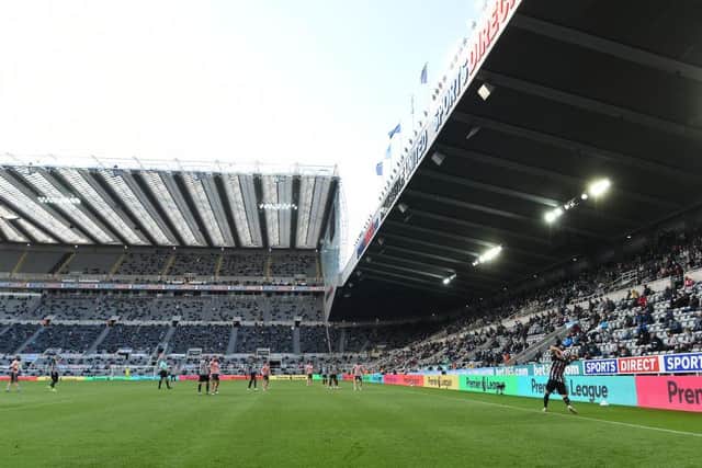 A general view of St James' Park during its first game back with fans during the Premier League match between Newcastle United and Sheffield United at St. James Park on May 19, 2021 in Newcastle upon Tyne, England.