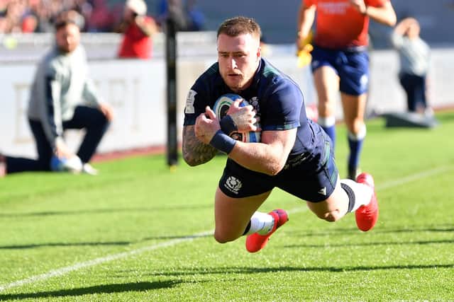 Hawick's Stuart Hogg scoring Scotland's first try against Italy in Rome last February during 2020's Guinness Six Nations (Photo by Dan Mullan/Getty Images)
