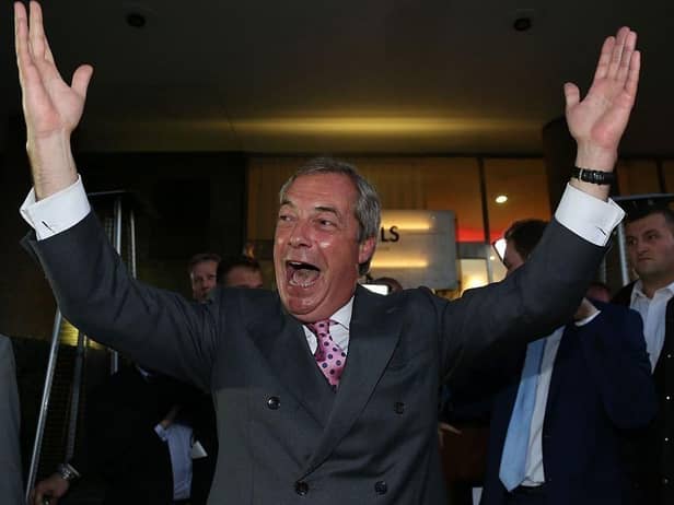 Nigel Farage reacts outside the Leave EU referendum party at Millbank Tower in central London on June 24, 2016. Picture: Geoff Caddick/AFP via Getty Images.