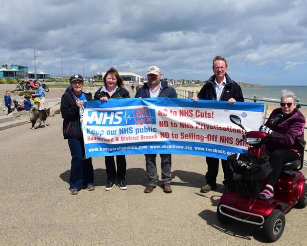 The Keep Our NHS Public campaign group have been protesting against the increasing involvement of private companies in the South Tyneside and Sunderland NHS Foundation Trust.
