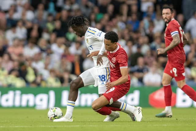 Travis Hernes in action v Leeds United. 