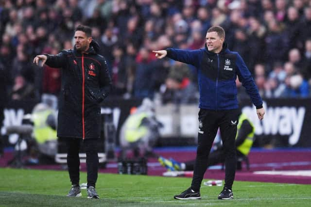 Eddie Howe, Manager of Newcastle United and Jason Tindall, Assistant Manager of Newcastle United. (Photo by Alex Burstow/Getty Images)