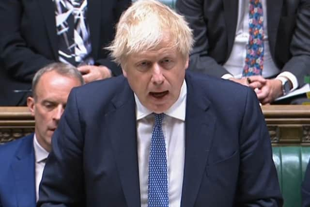 Prime Minister Boris Johnson delivering a statement to the House of Commons following the publication of Sue Gray's report into Downing Street parties.  
Photograph: House of Commons/PA Wire