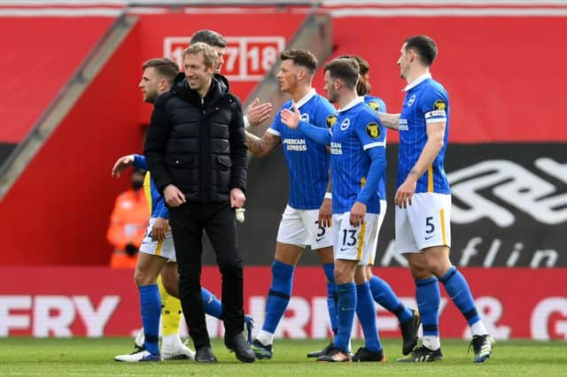 Graham Potter with his players after Brighton and Hove Albion's win over Southampton.