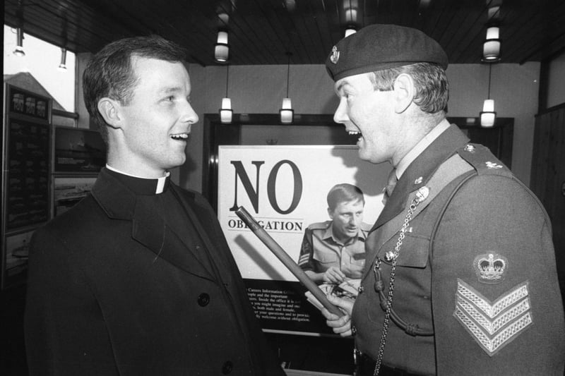 Father Michael Weynes came in for a little lighthearted ear bashing from colour sergeant John Howe when he went along to the local recruiting office to enlist as an army chaplain in 1988.