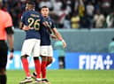 France's forward #10 Kylian Mbappe (R) and France's forward #26 Marcus Thuram celebrate at the end of the Qatar 2022 World Cup Group D football match between France and Australia at the Al-Janoub Stadium in Al-Wakrah, south of Doha on November 22, 2022. (Photo by Jewel SAMAD / AFP) (Photo by JEWEL SAMAD/AFP via Getty Images)