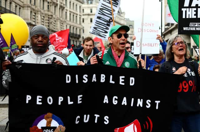 Activists against disability benefit cuts during a protest over the proposals earlier this month. Photo by Alishia Abodunde/Getty Images