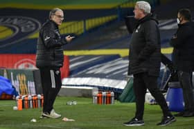 Marcelo Bielsa and Steve Bruce at Elland Road during Leeds United and Newcastle United's meeting at Elland Road in Devember. (Photo by Rui Vieira - Pool/Getty Images)