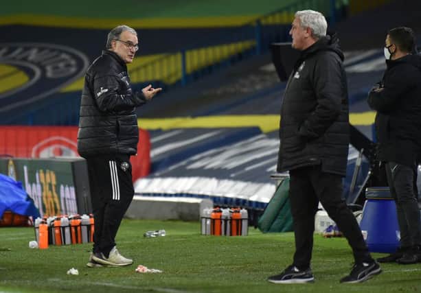 Marcelo Bielsa and Steve Bruce at Elland Road during Leeds United and Newcastle United's meeting at Elland Road in Devember. (Photo by Rui Vieira - Pool/Getty Images)