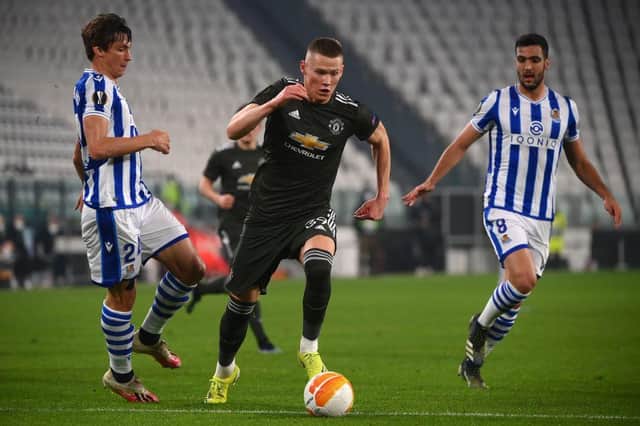 Manchester United midfielder Scott McTominay was withdrawn against Real Sociedad midway through the second half. (Photo by MARCO BERTORELLO/AFP via Getty Images)