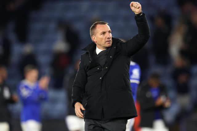 Brendan Rogers, Manager of Leicester City acknowledges the fans following victory in the UEFA Europa League group C match between Leicester City and Legia Warszawa at Leicester City Stadium on November 25, 2021 in Leicester, England. (Photo by Catherine Ivill/Getty Images)