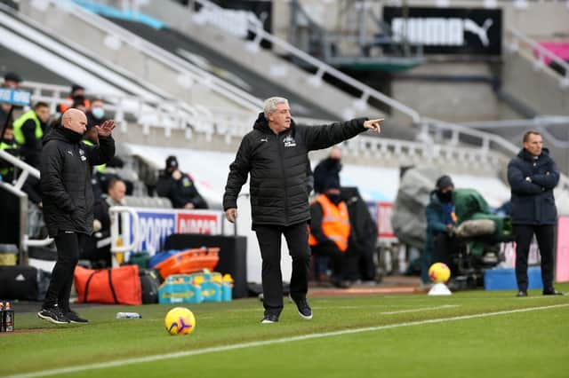 NEWCASTLE UPON TYNE, ENGLAND - JANUARY 03: Newcastle United Manager Steve Bruce during the Premier League match between Newcastle United and Leicester City at St. James Park on January 3, 2021 in Newcastle upon Tyne, United Kingdom. The match will be played without fans, behind closed doors as a Covid-19 precaution. (Photo by Plumb Images/Leicester City FC via Getty Images)