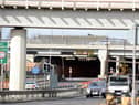Traffic at the Tyne Tunnel's south entrance.