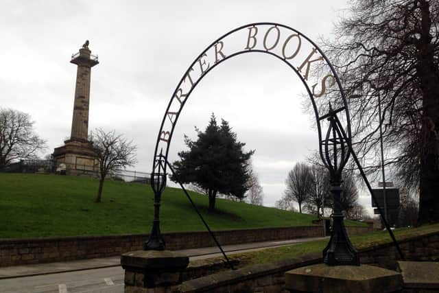 The Barter Books arch, looking across to Column Field, Alnwick.