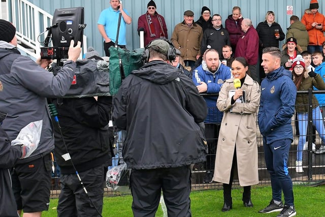 Commentator Alex Scott, pictured with South Shields FC manager Kevin Phillips, on the pitch at the 1st Cloud Arena. Picture: Kev Wilson.