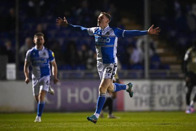 Elliot Anderson of Bristol Rovers celebrates scoring his side's first goal during the Sky Bet League Two match between Bristol Rovers and Colchester United  (Photo by Dan Mullan/Getty Images)