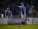 Elliot Anderson of Bristol Rovers celebrates scoring his side's first goal during the Sky Bet League Two match between Bristol Rovers and Colchester United  (Photo by Dan Mullan/Getty Images)