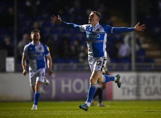 Elliot Anderson of Bristol Rovers celebrates scoring his side's first goal during the Sky Bet League Two match between Bristol Rovers and Colchester United  (Photo by Dan Mullan/Getty Images)