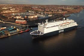 The DFDS ferry service to Amsterdam has resumed. Photo by Aaron O'Roarty and NE Drones Aerial Photography.