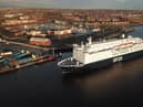 The DFDS ferry service to Amsterdam has resumed. Photo by Aaron O'Roarty and NE Drones Aerial Photography.