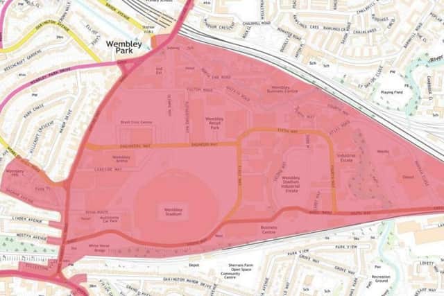 The area in red shows the boundaries of the Public Spaces Protection Order that surrounds Wembley Stadium.