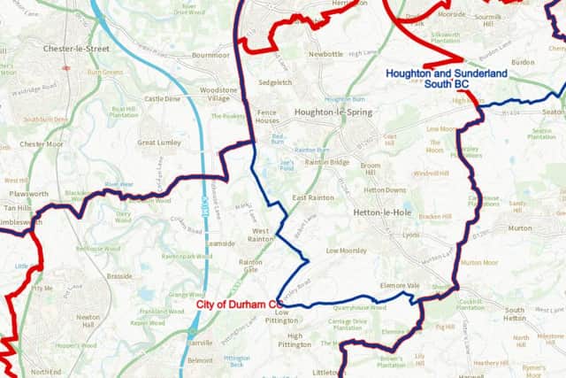This map shows the proposed boundaries, in red, and existing boundaries, in blue, for the Houghton area.