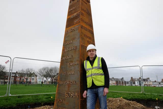 Artist Andrew McKeown with his Beacon installation, North Marine Park, South Shields.