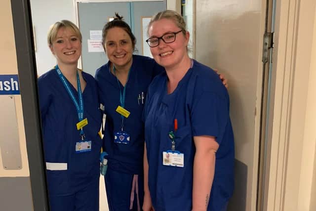 ICU nurses at South Tyneside District Hospital receive their first donation package.