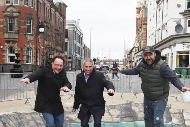 (l-r) Andy Whittaker South Tyneside Council’s Town Centre and Foreshore Corporate Lead, Councillor Mark Walsh, Lead Member for Regeneration and Economy and the artist Joe Hill.