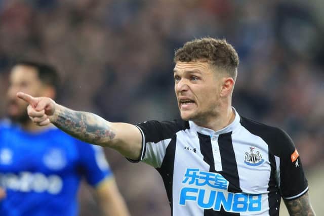 Newcastle United's English defender Kieran Trippier gestures during the English Premier League football match between Newcastle United and Everton at St James' Park in Newcastle-upon-Tyne, north east England on February 8, 2022. (Photo by LINDSEY PARNABY/AFP via Getty Images)