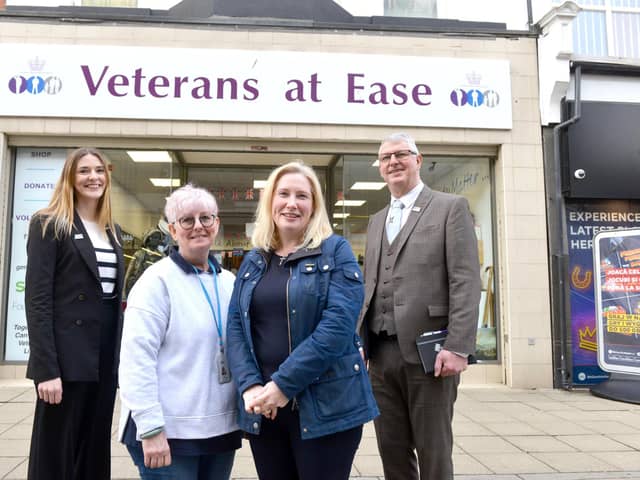 From left: Tessa Godley from Big Society Capital, Veterans At Ease shop manager Chris Thompson, Emma Lewell-Buck MP and the charity's office manager James Eaglesham.