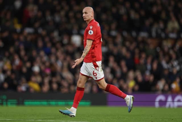 Jonjo Shelvey of Nottingham Forest in action during the Premier League match between Fulham FC and Nottingham Forest at Craven Cottage on February 11, 2023 in London, England. (Photo by Richard Heathcote/Getty Images)