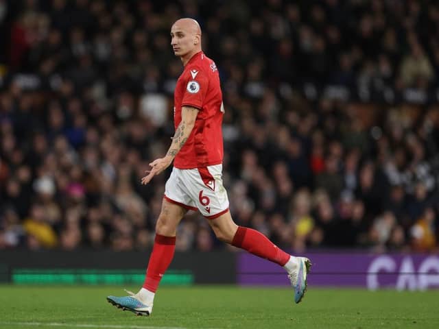 Jonjo Shelvey of Nottingham Forest in action during the Premier League match between Fulham FC and Nottingham Forest at Craven Cottage on February 11, 2023 in London, England. (Photo by Richard Heathcote/Getty Images)